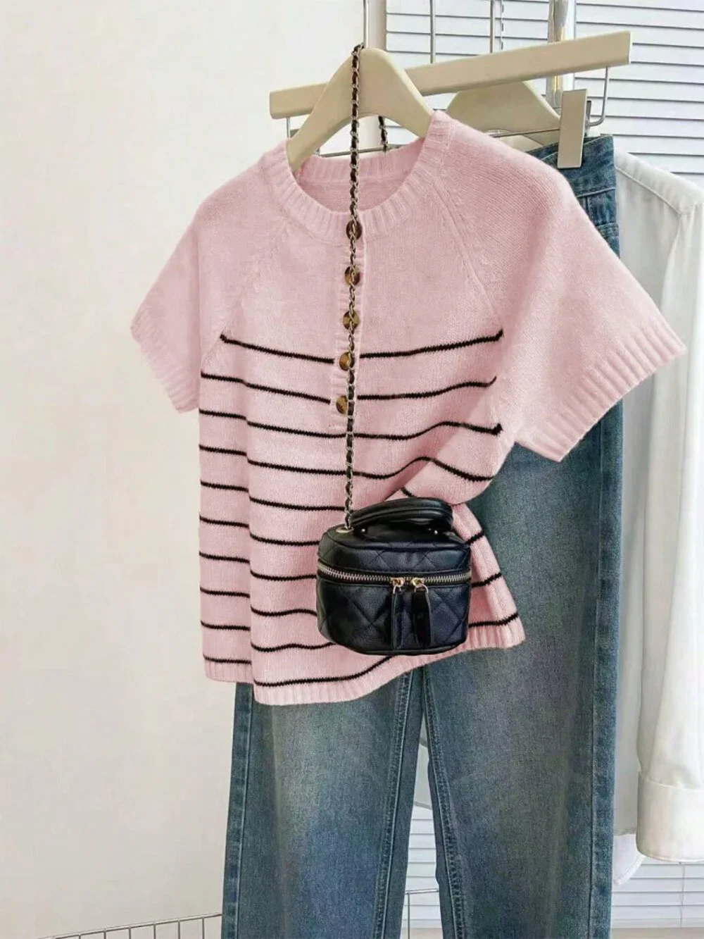 Pink Casual Women's Loose Round Neck Short Sleeve Knitted Stripe Sweater
